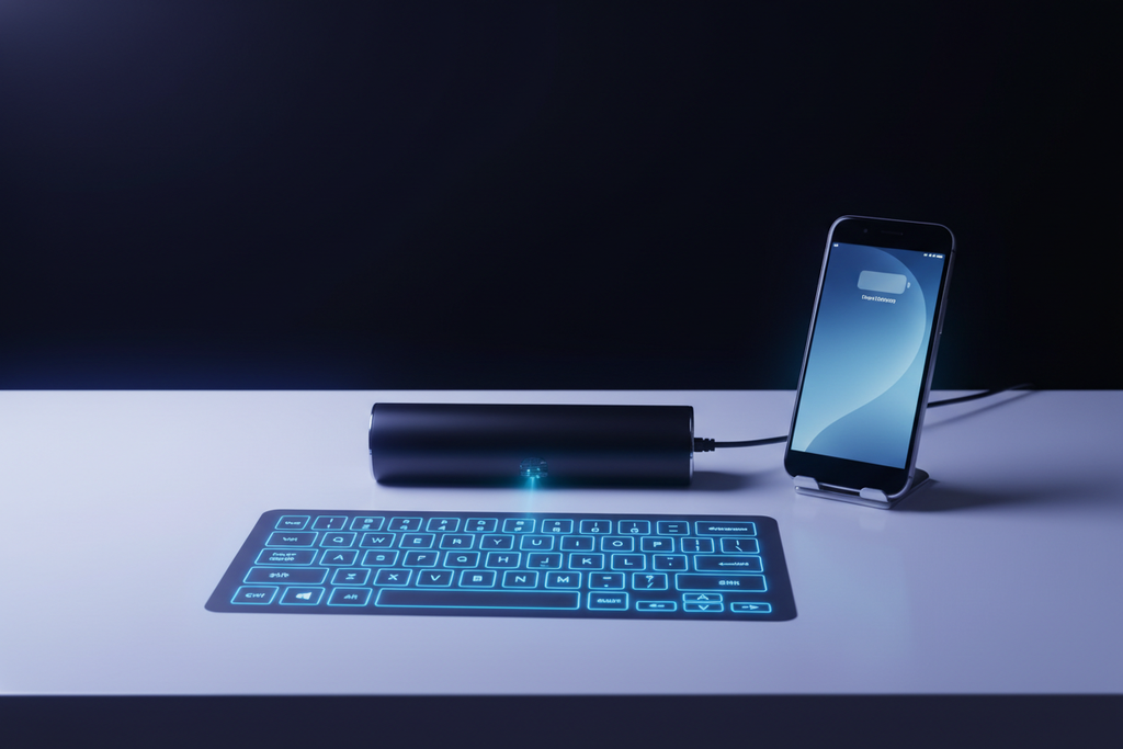 Laser projection keyboard with glowing blue layout on a white desk